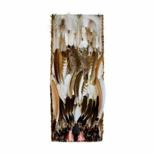 Sculpture murale verticale composée de plumes d'oiseaux superposées, des plumes blanches en haut aux plumes sombres et colorées en bas, maintenues par des attaches dorées, sur un support aux bords frangés.